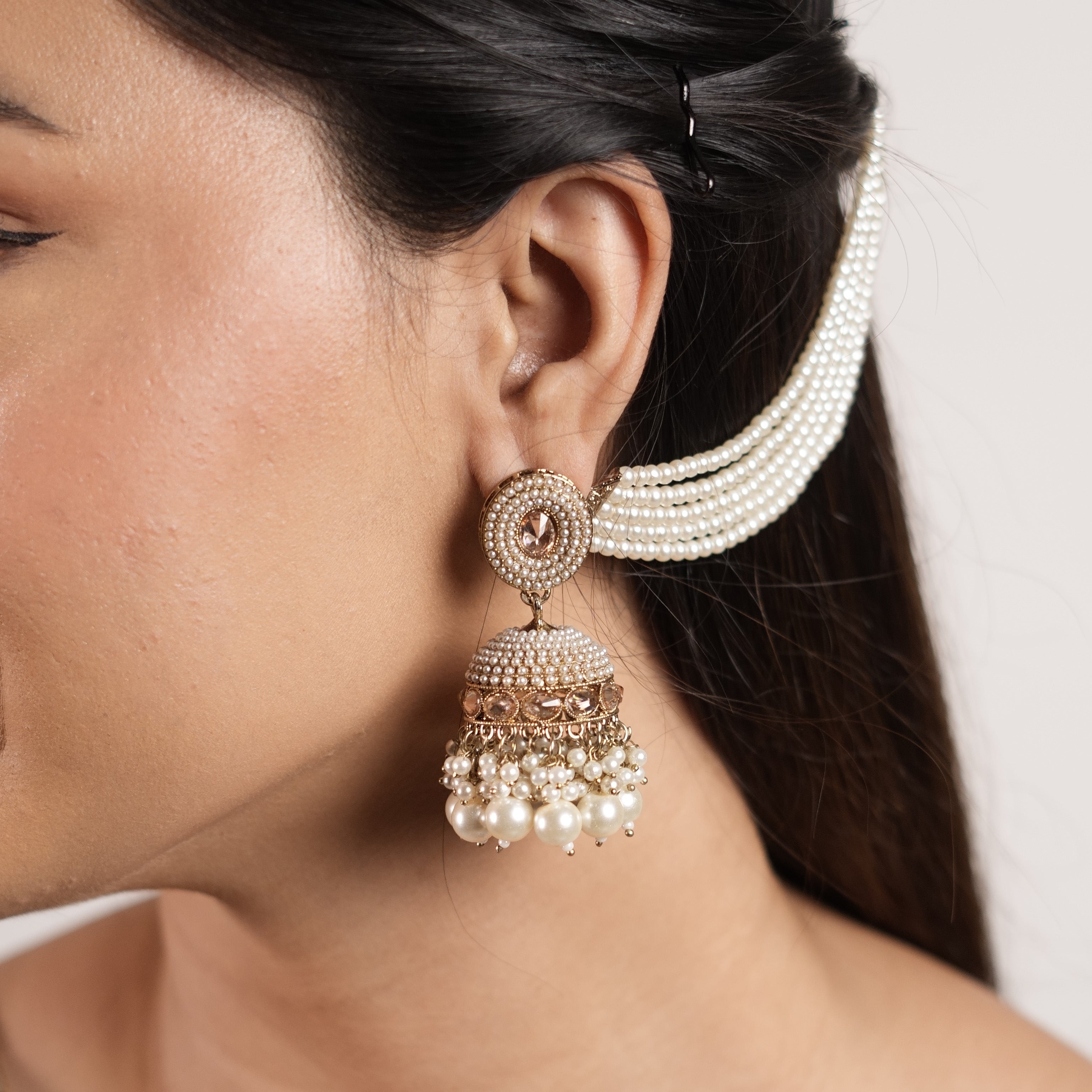 Pearl Beaded Jhumka with Kaanchain