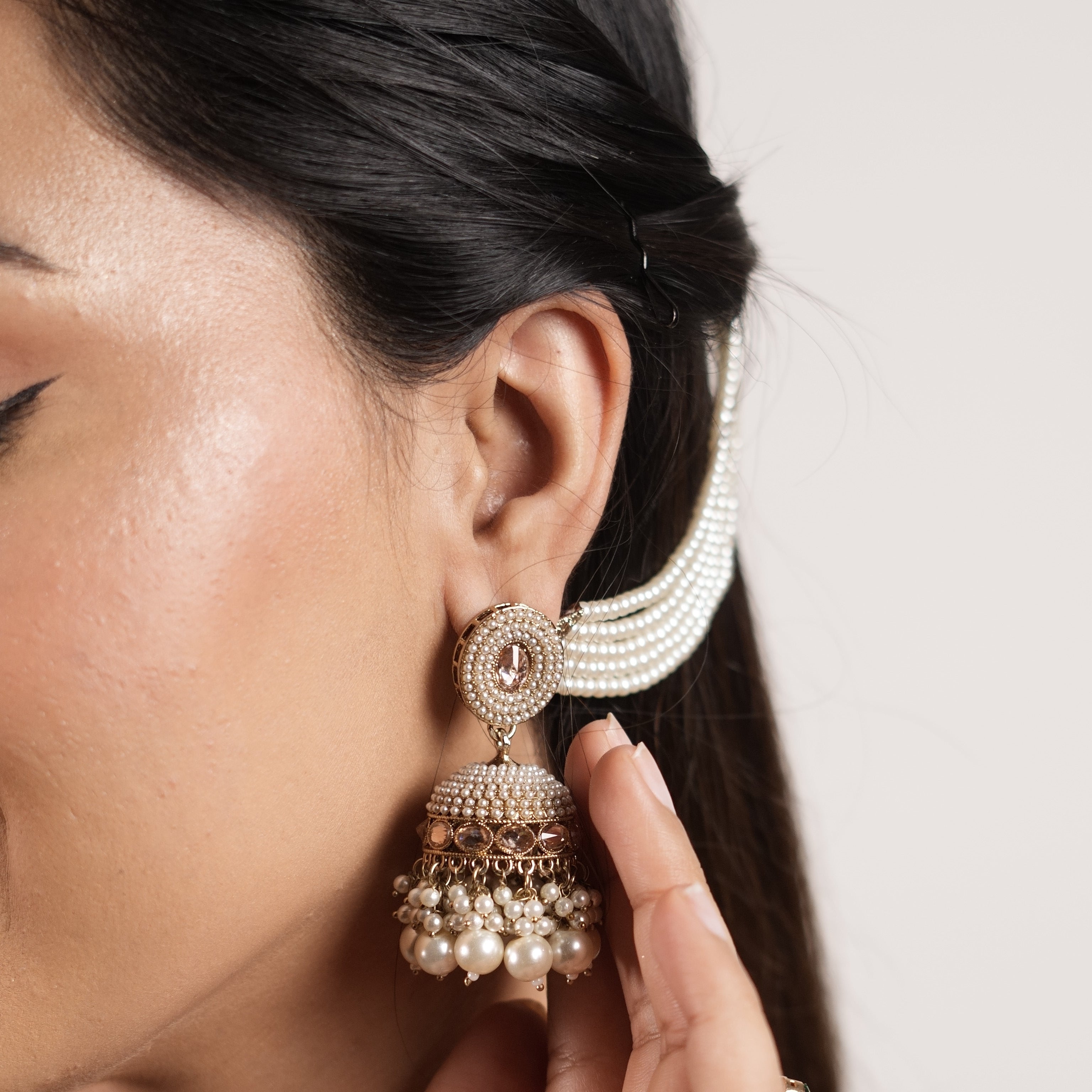 Pearl Beaded Jhumka with Kaanchain