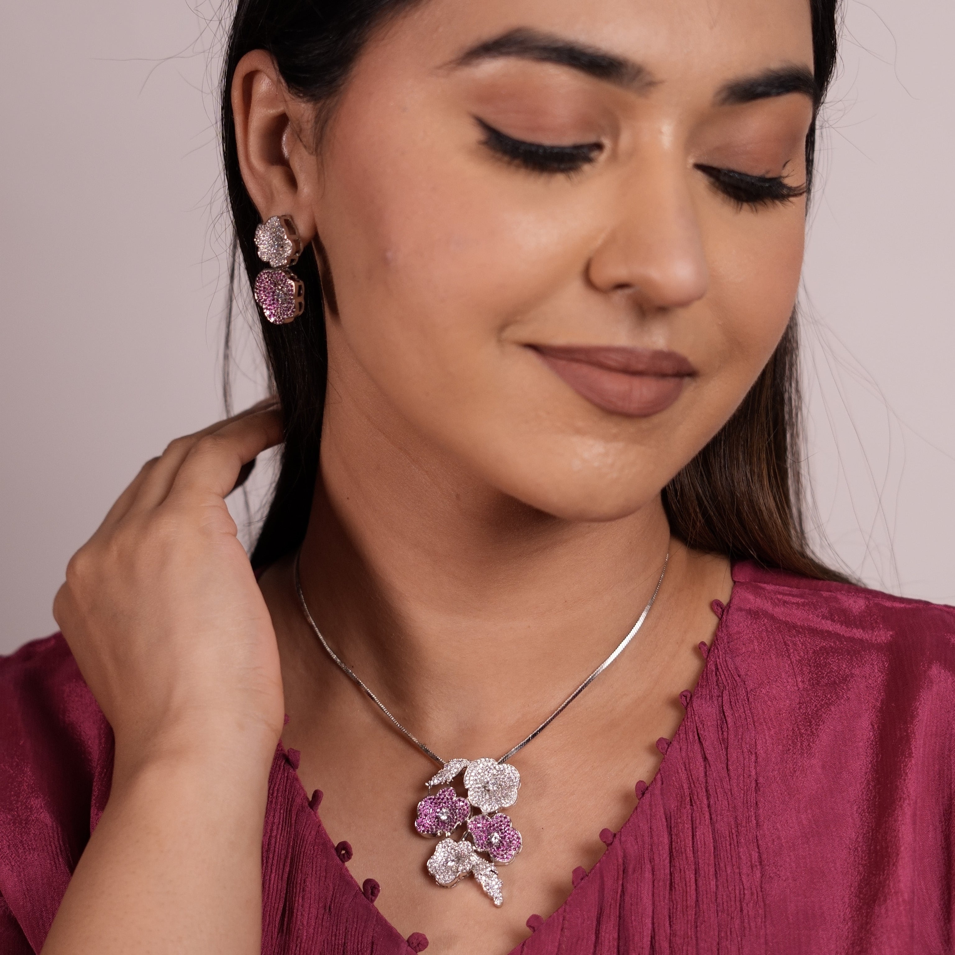 Pink rose sparkle pendant set