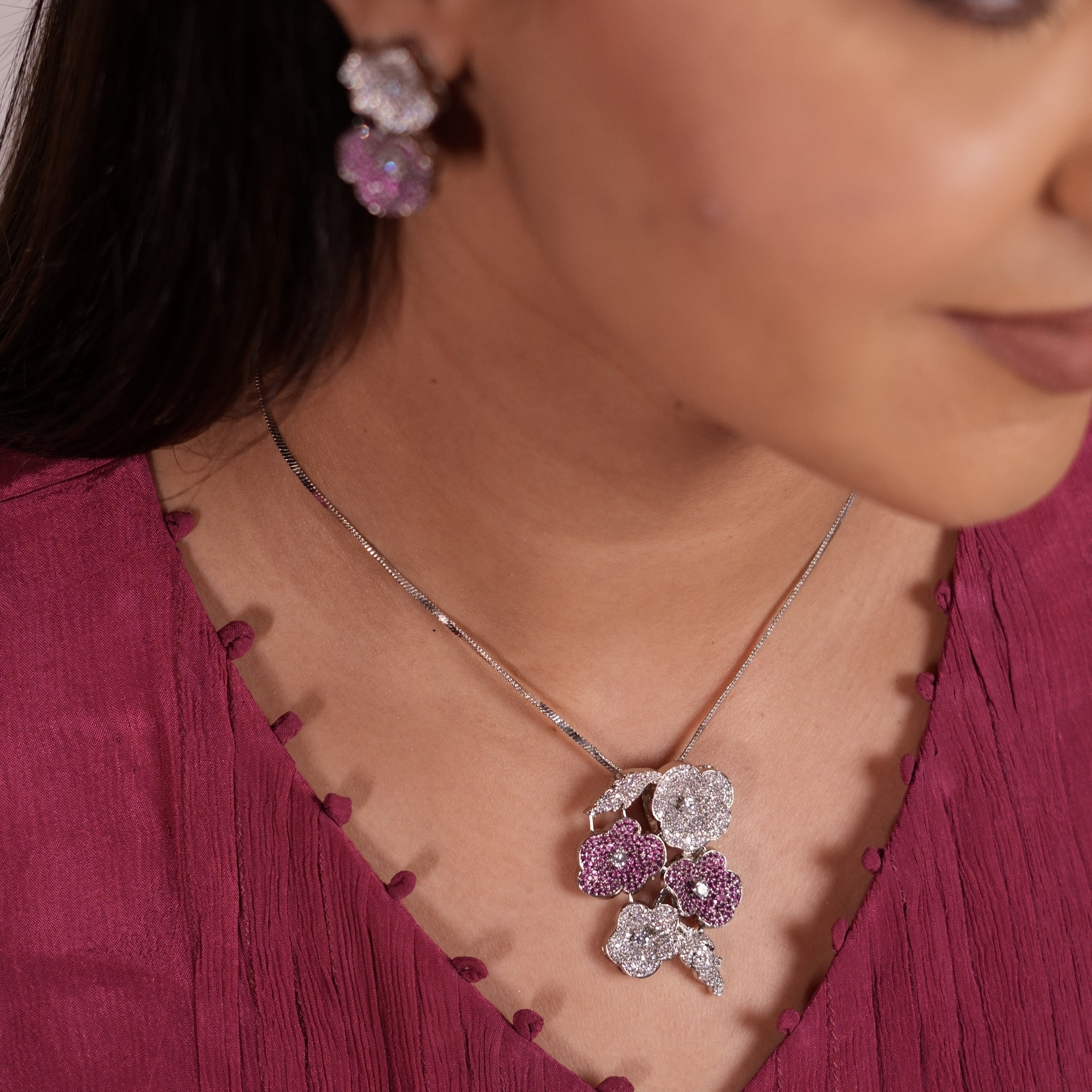 Pink rose sparkle pendant set