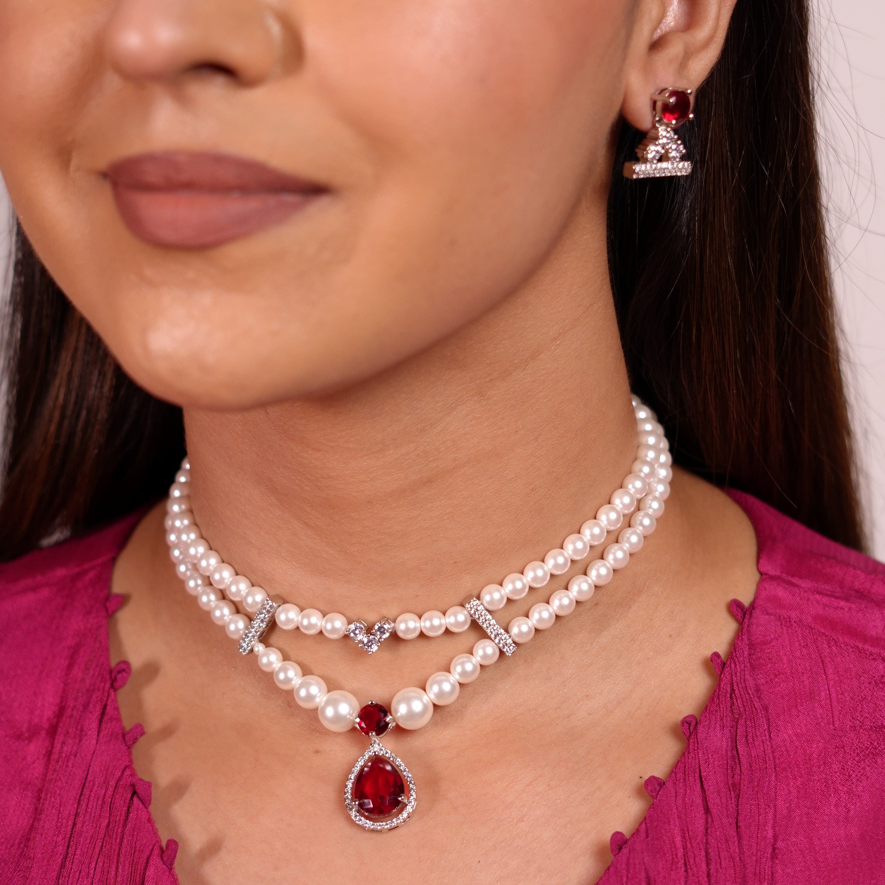 Pearl Ruby Drop Choker set