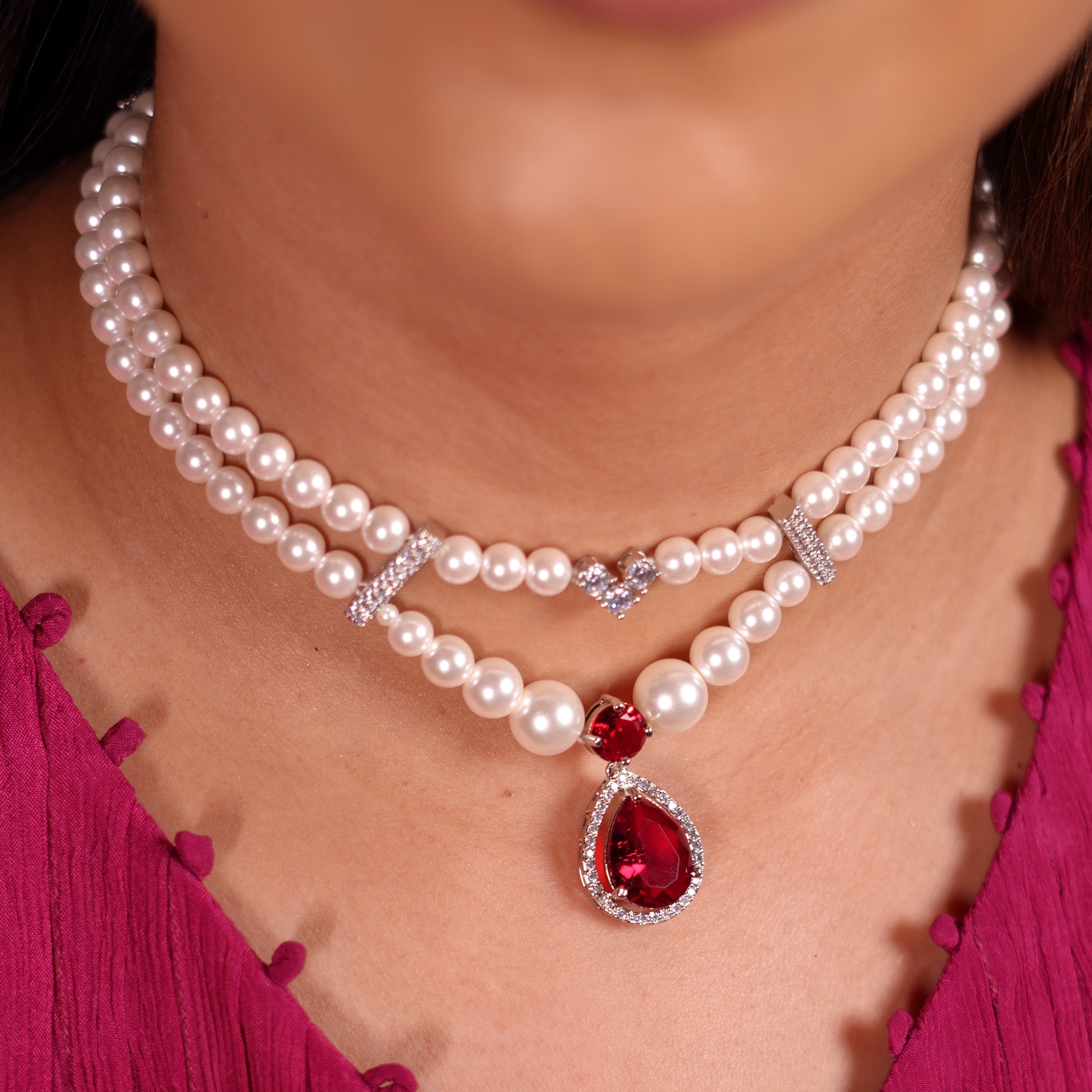 Pearl Ruby Drop Choker set