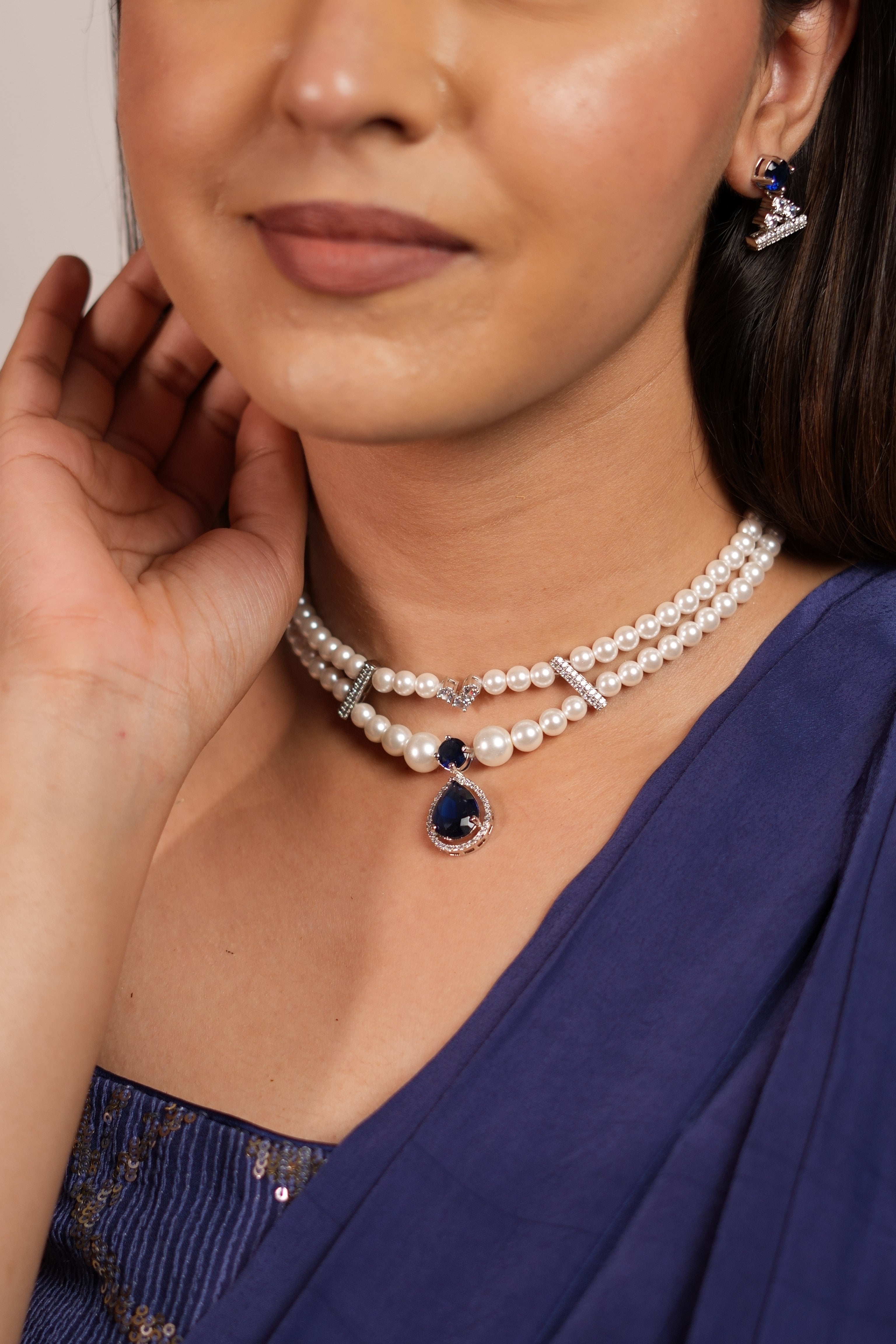 Pearl Sapphire Drop Choker set