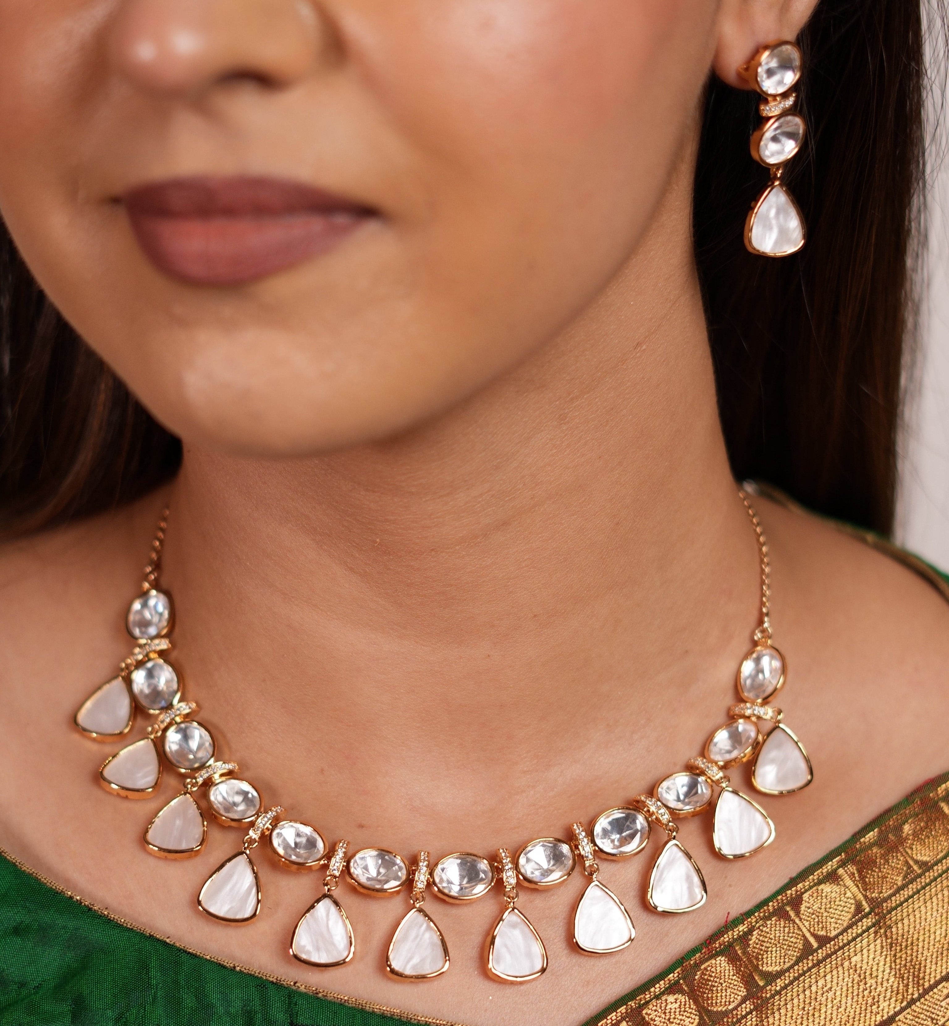 Trikona Motherpearl Polki Necklace Set