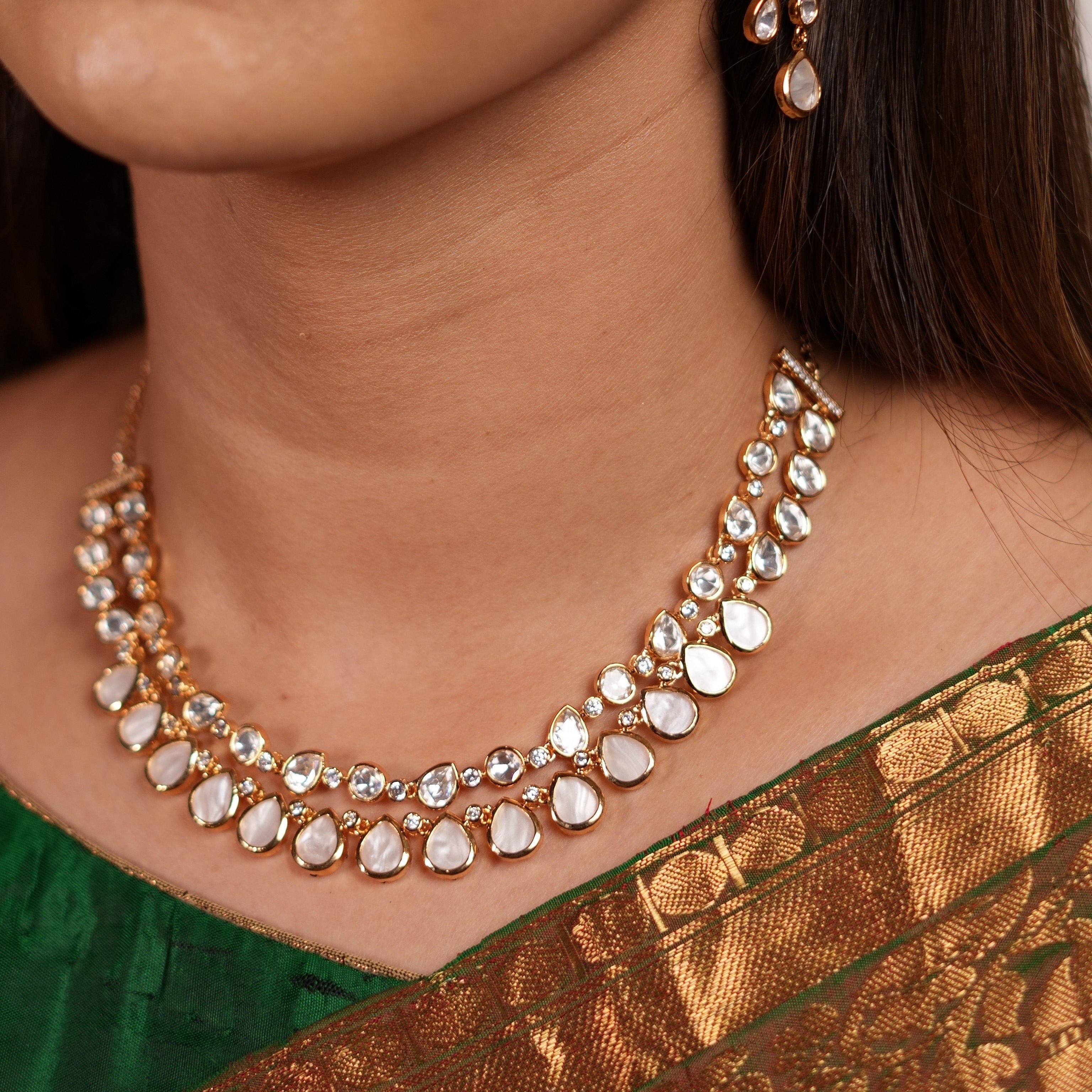 Polki Teardrop Motherpearl Necklace Set