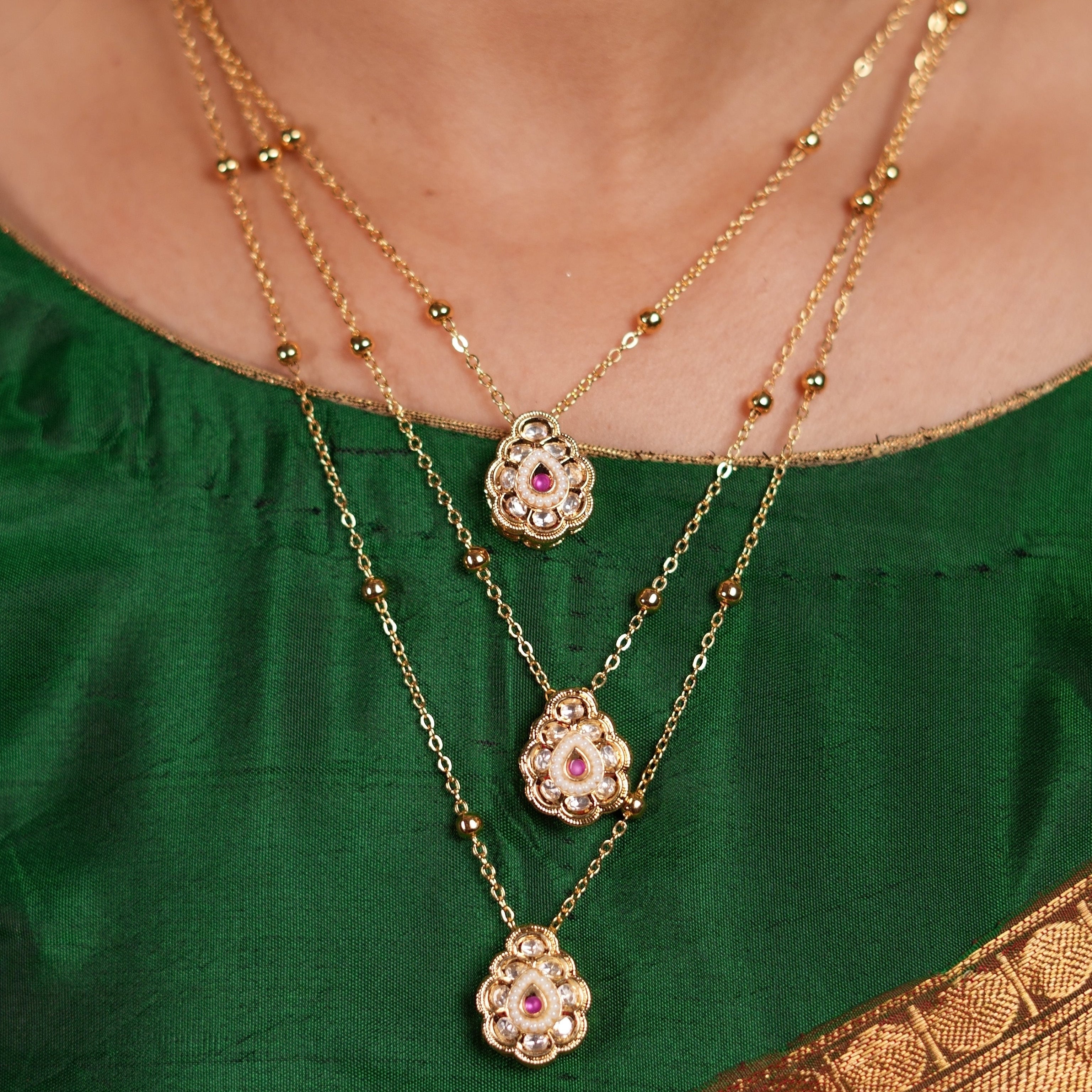 Mughal 3 Layered Kundan Necklace Set Red Ruby