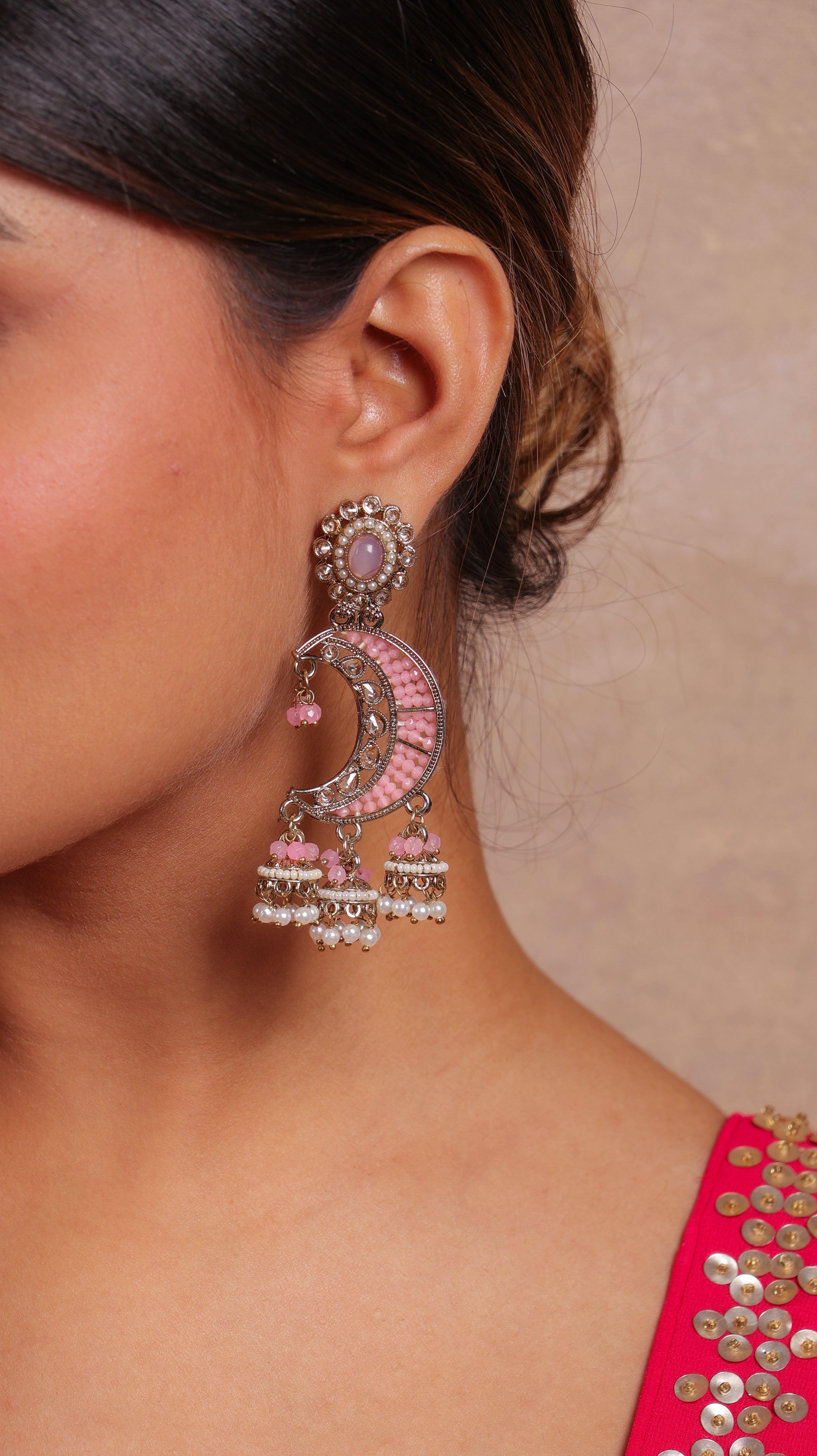 Pink beaded chandbali